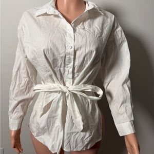 Boohoo White Tie-Waist Button Down Shirt Size M